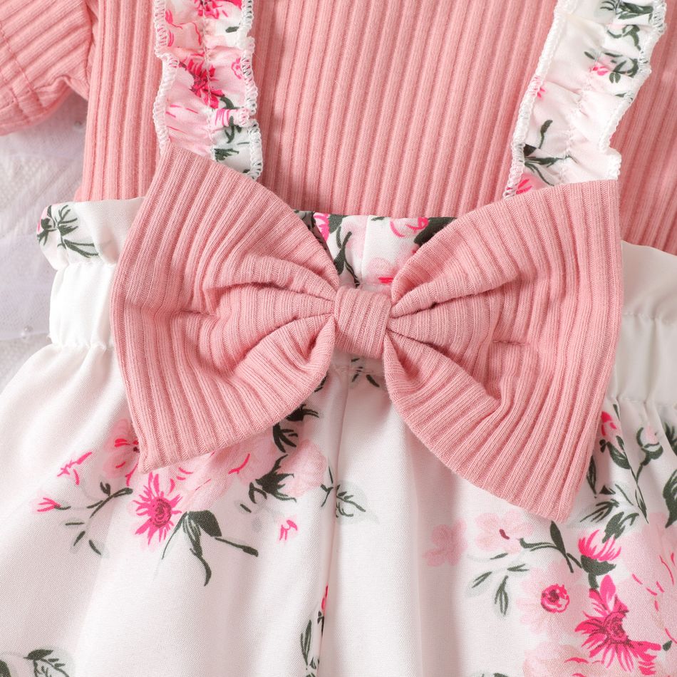 3pcs Baby Girl Solid Cotton Ribbed Ruffle Short-sleeve Romper and Floral Print Suspender Shorts & Headband Set Pink big image 6