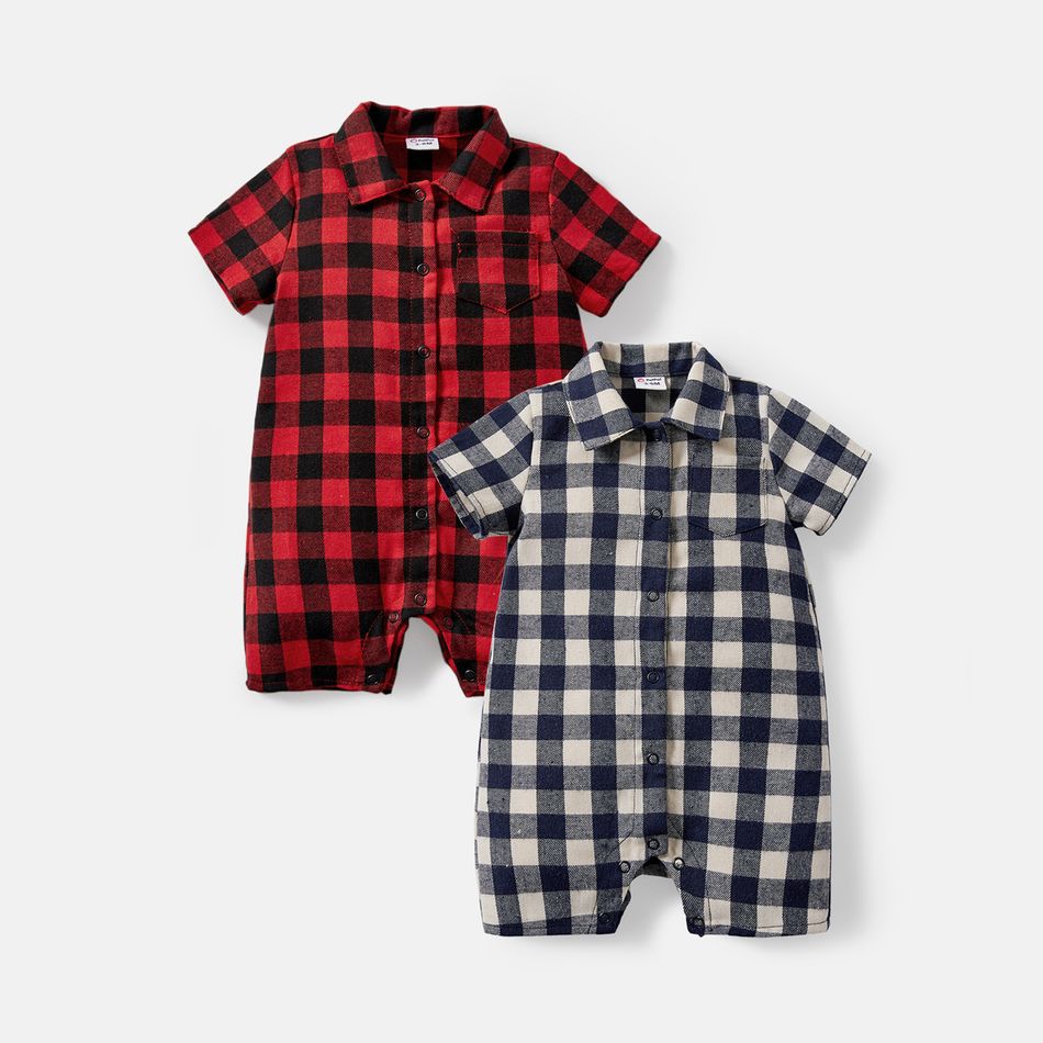 Baby Girl/Boy Cotton Plaid Lapel Collar Short-sleeve Jumpsuits redblack big image 2