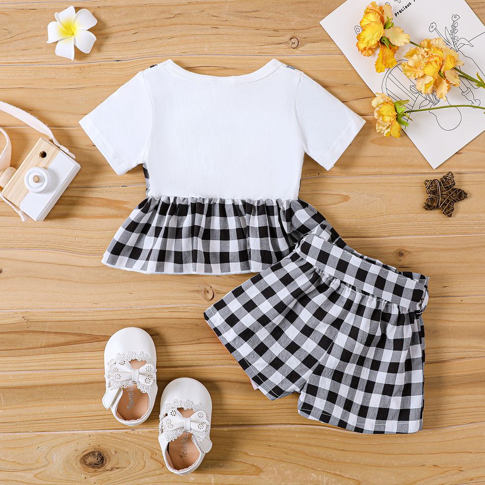 3pcs Baby Girl Cotton Short-sleeve Faux-two Plaid Top and Plaid Shorts & Belt Set BlackandWhite big image 2