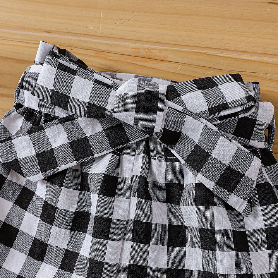 3pcs Baby Girl Cotton Short-sleeve Faux-two Plaid Top and Plaid Shorts & Belt Set BlackandWhite