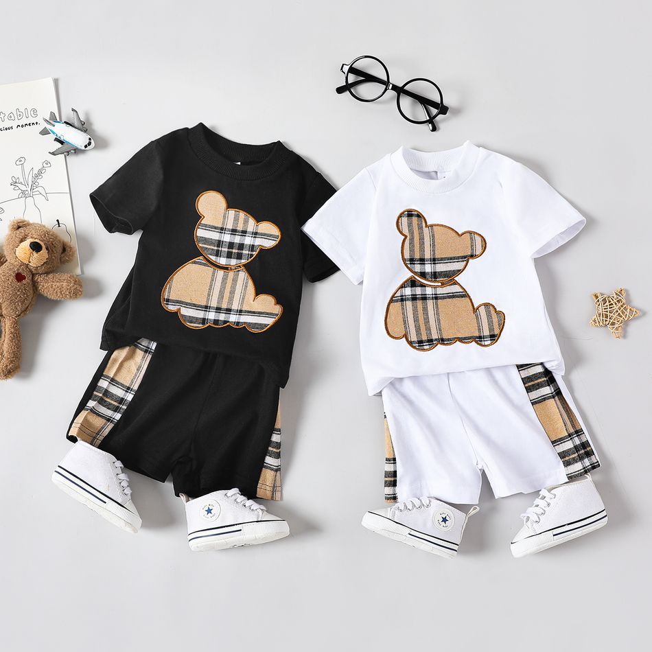 2pcs Baby Boy Plaid Bear Graphic Short-sleeve Tee & Shorts Set White big image 2