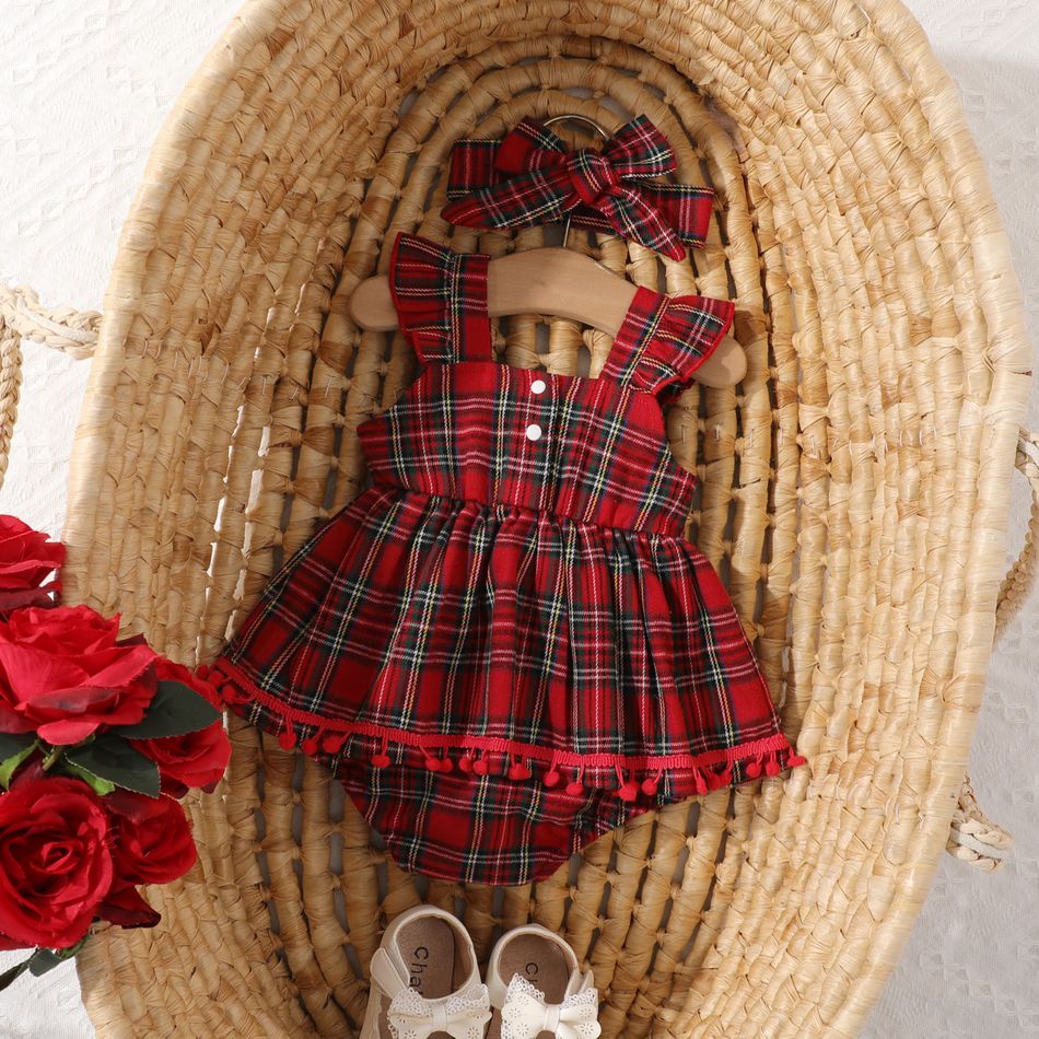 2pcs Baby Girl Red Plaid Flutter-sleeve Bow Front Pom Poms Romper with Headband Set Red big image 2