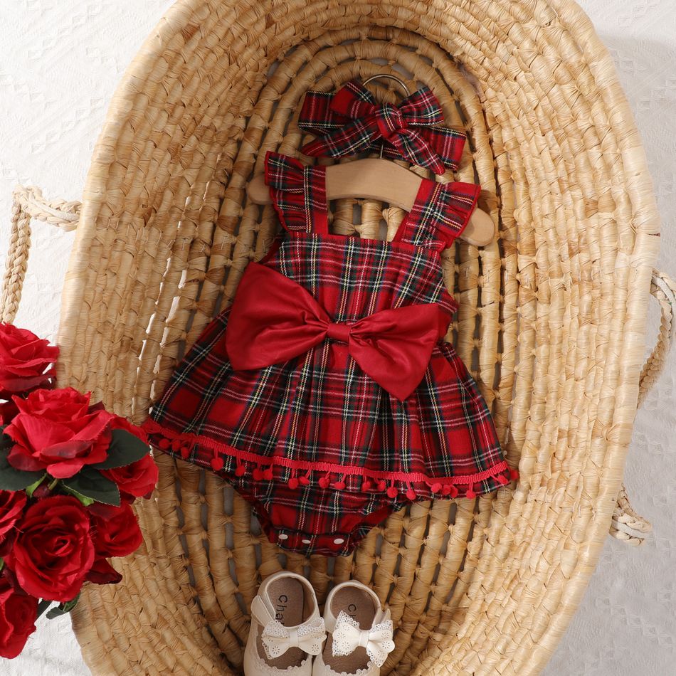 2pcs Baby Girl Red Plaid Flutter-sleeve Bow Front Pom Poms Romper with Headband Set Red big image 1