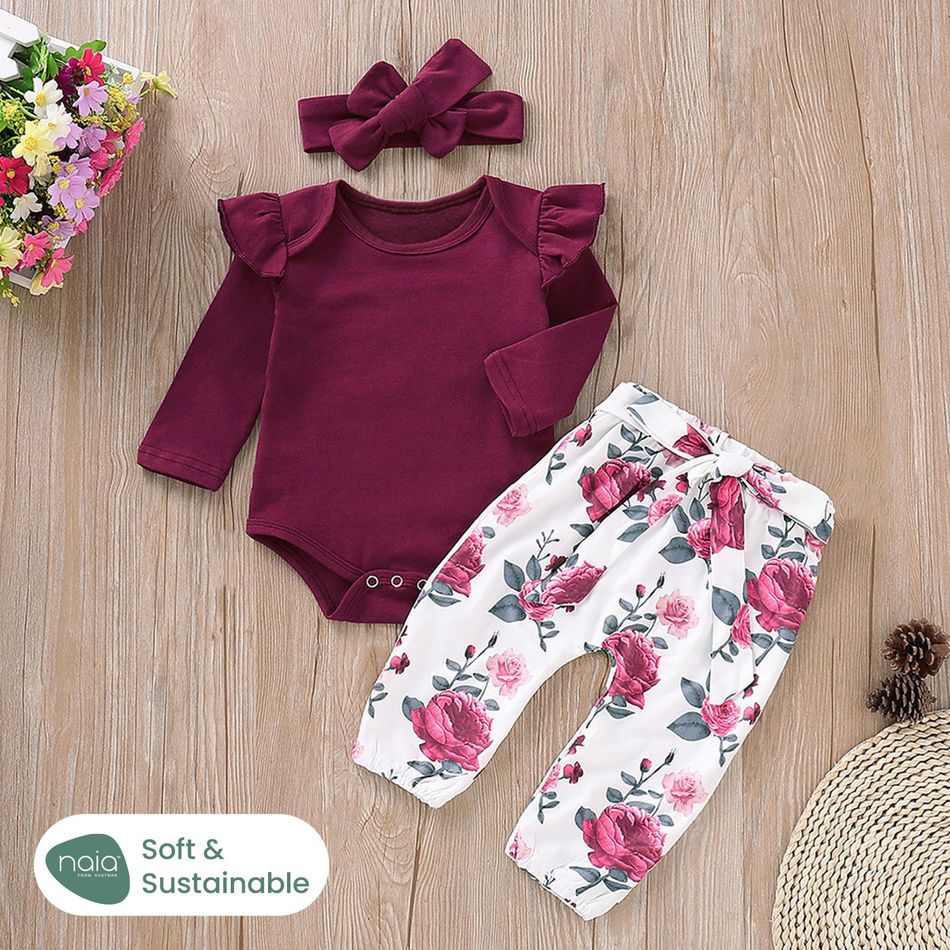 3pcs Baby Girl Solid Cotton Ribbed Ruffle Long-sleeve Romper and Floral Print Naia™ Belted Pants & Headband Set WineRed big image 1