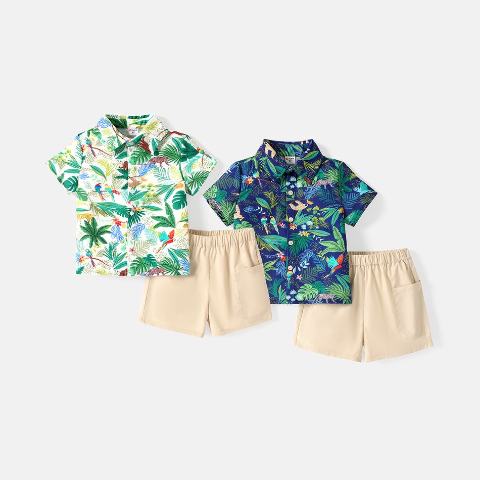 2pcs Toddler Boy Floral Print Lapel Collar Shirt and Elasticized Shorts Set Green