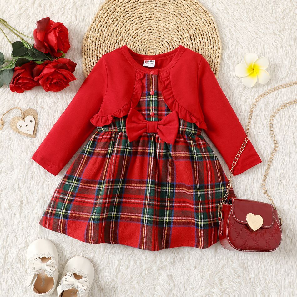 Baby Girl Red Faux-two Long-sleeve Ruffle Trim Bow Front Plaid Dress Red big image 1