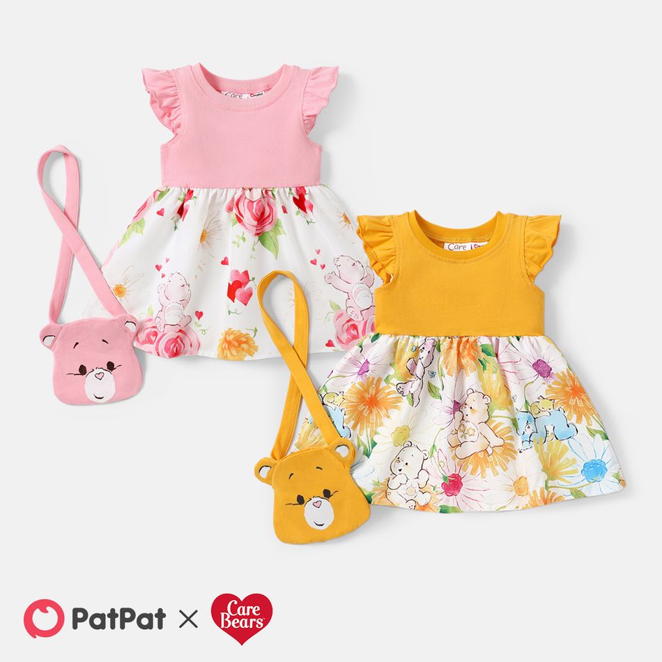 Care Bears 2pcs Baby Girl Solid & Print Spliced Flutter-sleeve Dress with Crossbody Bag Set Yellow big image 2