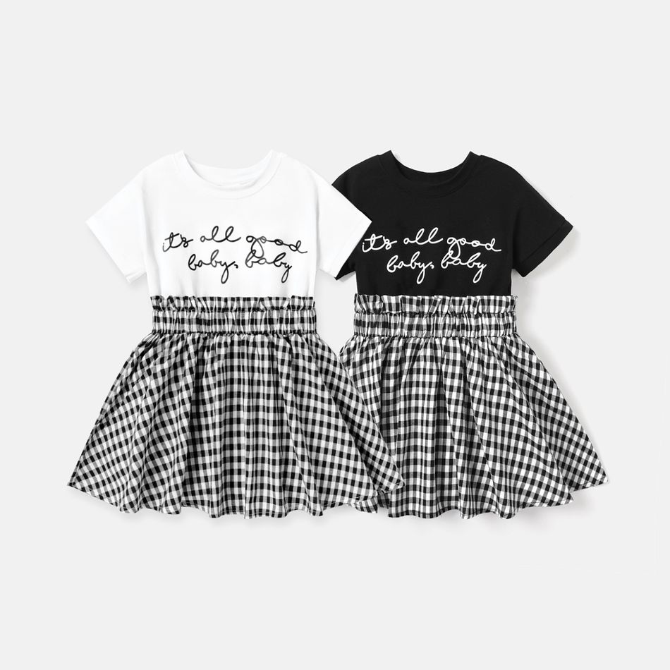 Toddler Girl Letter Print Plaid Splice Short-sleeve Dress Black