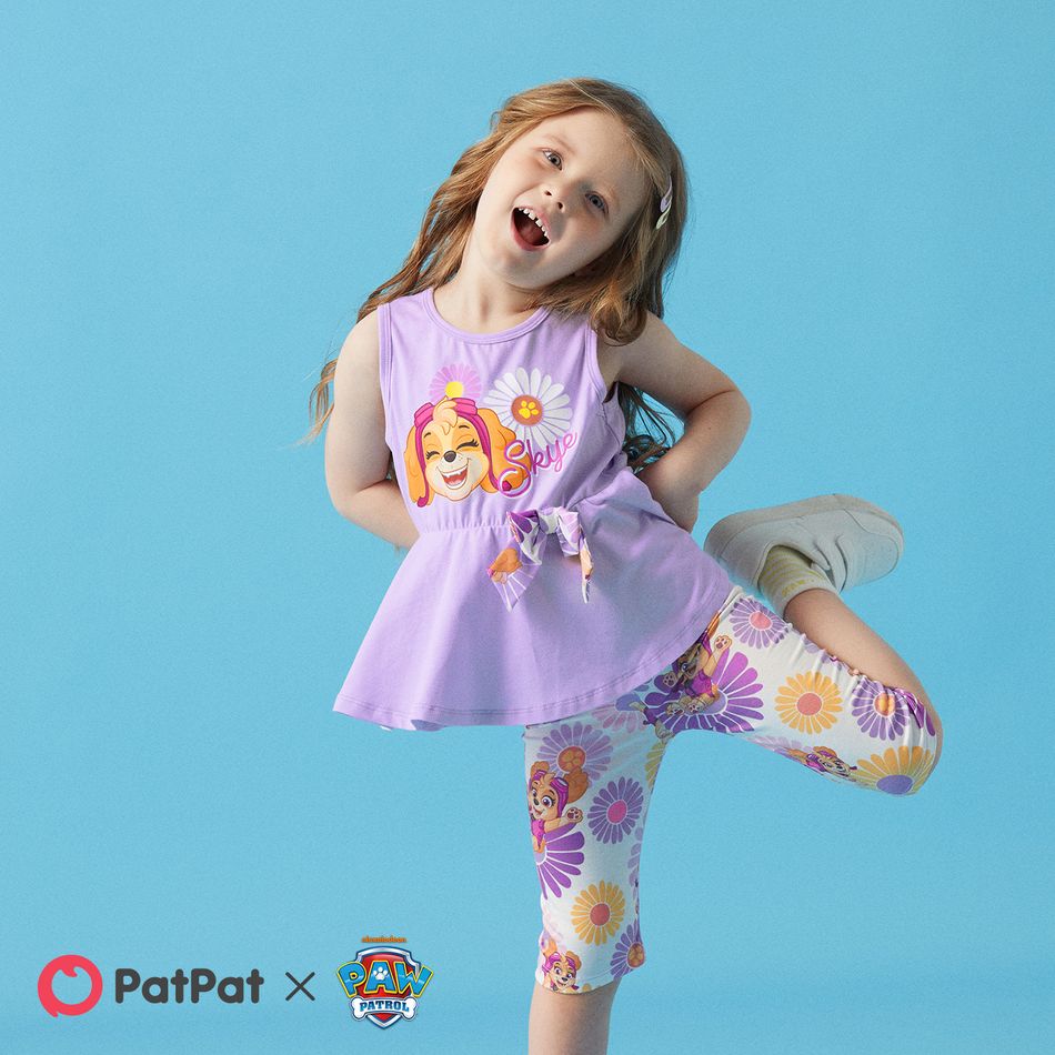 PAW Patrol 2pcs Toddler Girl Cotton Bowknot Design Sleeveless Tee and Naia Floral Print Shorts Set Purple big image 7