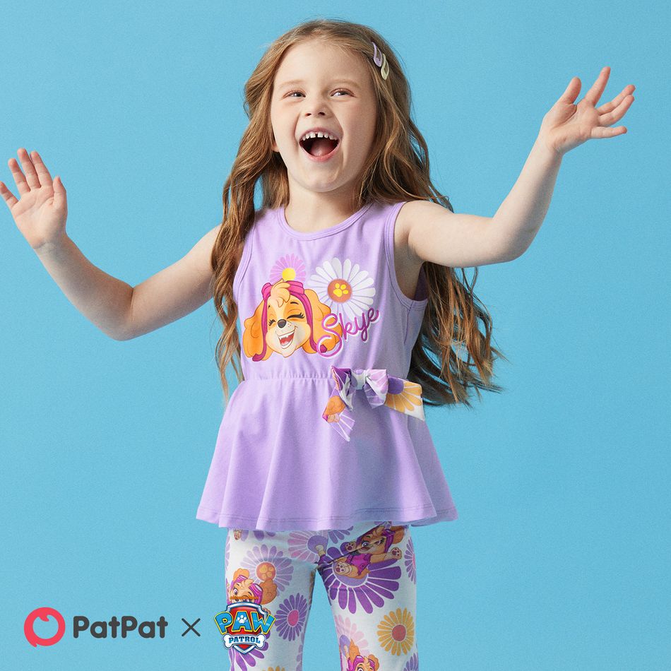 PAW Patrol 2pcs Toddler Girl Cotton Bowknot Design Sleeveless Tee and Naia Floral Print Shorts Set Purple big image 6