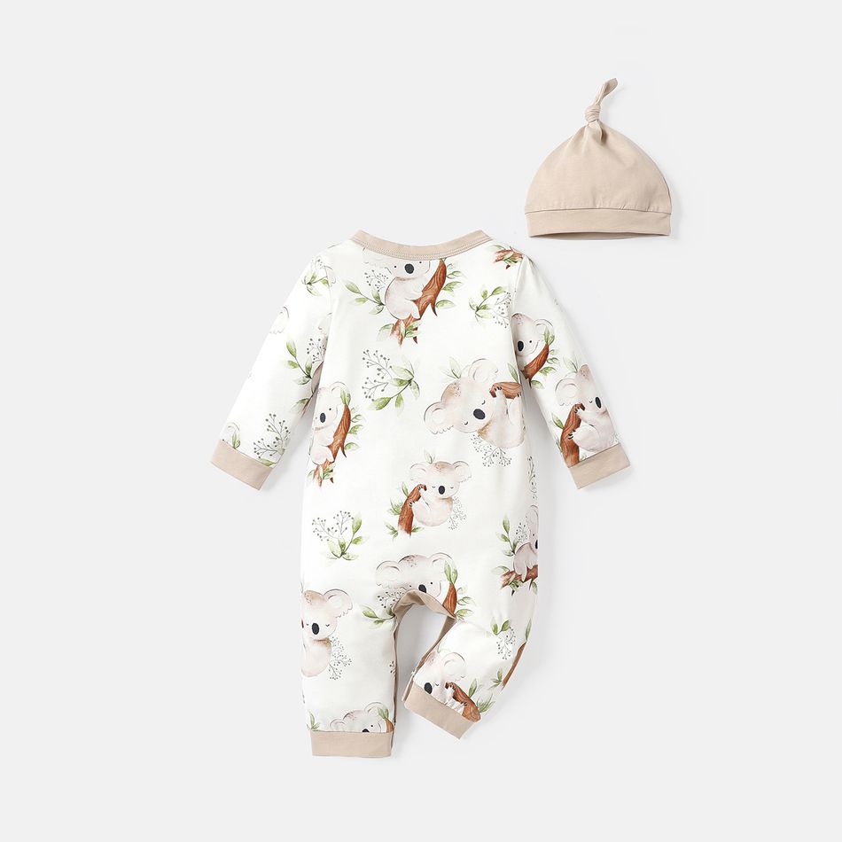 Naia™ 2pcs Baby Girl/Boy Koala Print Long-sleeve Jumpsuits and 100% Cotton Cap Set lighttan big image 2