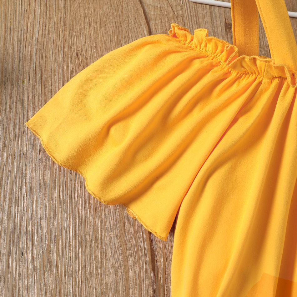 2Pcs Kid Girl Off-Shoulder Pleated Top & Plant Print Dress Set Yellow big image 3