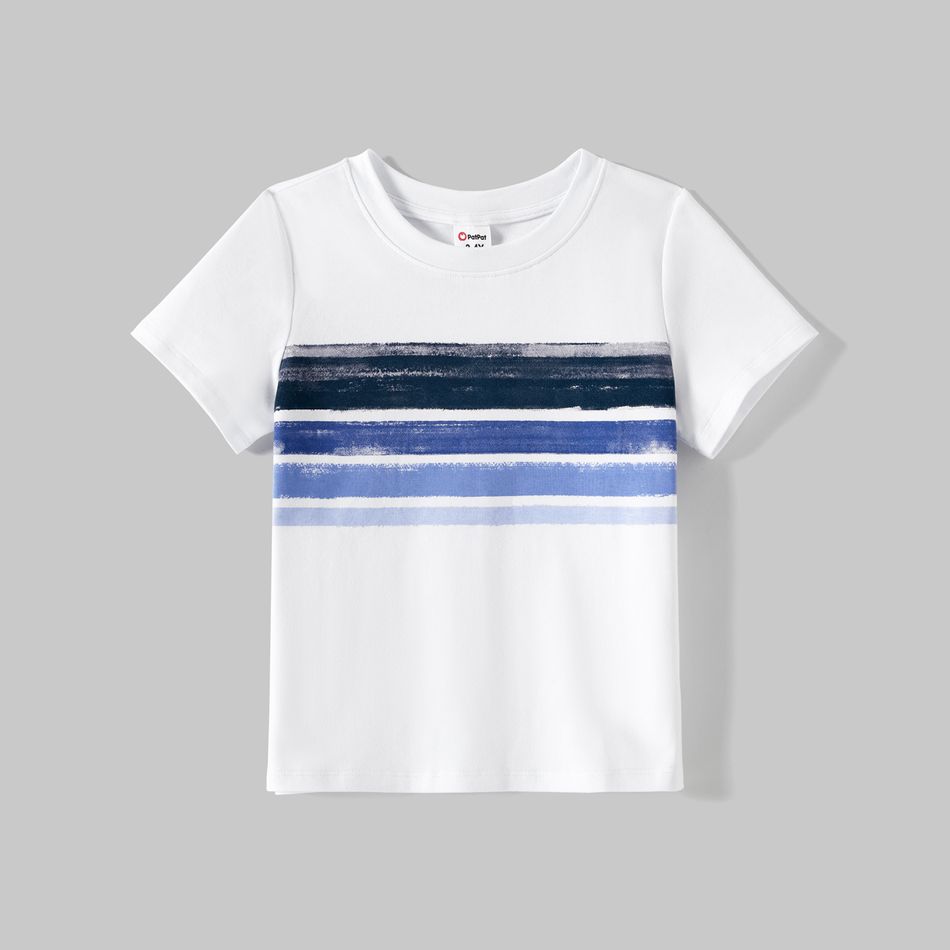 Family Matching Cotton Short-sleeve Spliced Tee and Striped Surplice Neck Short-sleeve Belted Dresses Sets BLUE WHITE big image 5