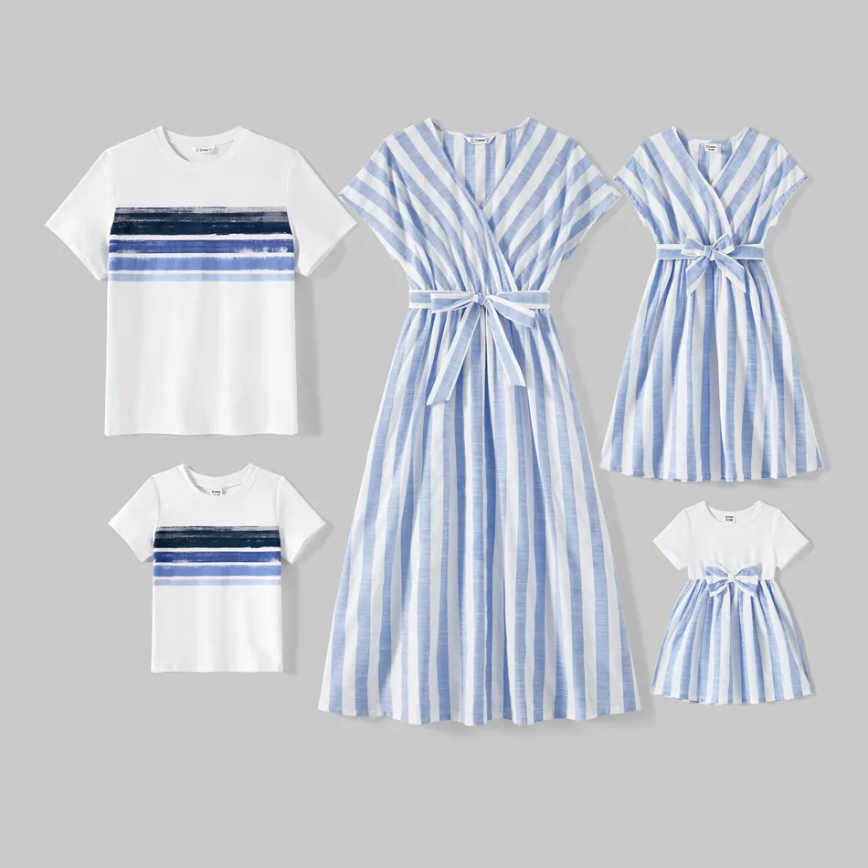 Family Matching Cotton Short-sleeve Spliced Tee and Striped Surplice Neck Short-sleeve Belted Dresses Sets BLUE WHITE