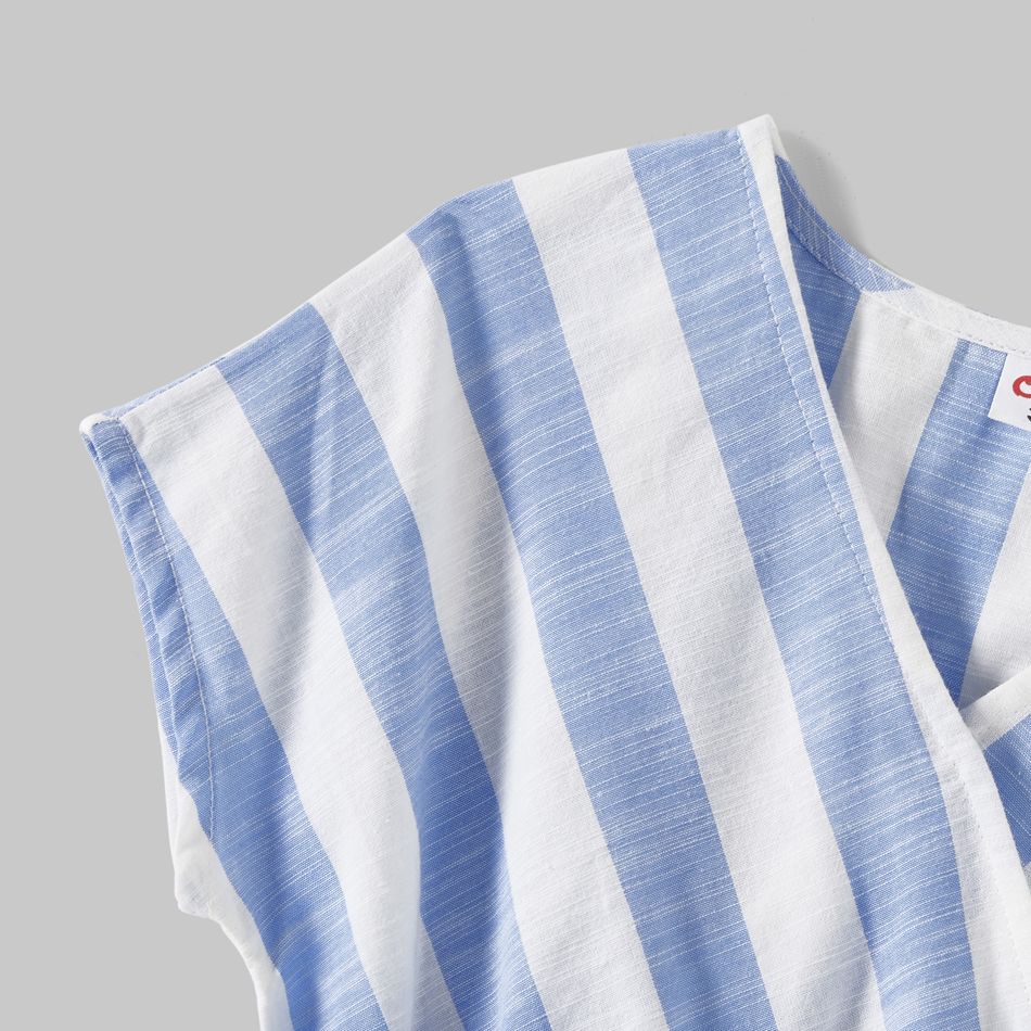 Family Matching Cotton Short-sleeve Spliced Tee and Striped Surplice Neck Short-sleeve Belted Dresses Sets BLUE WHITE big image 11