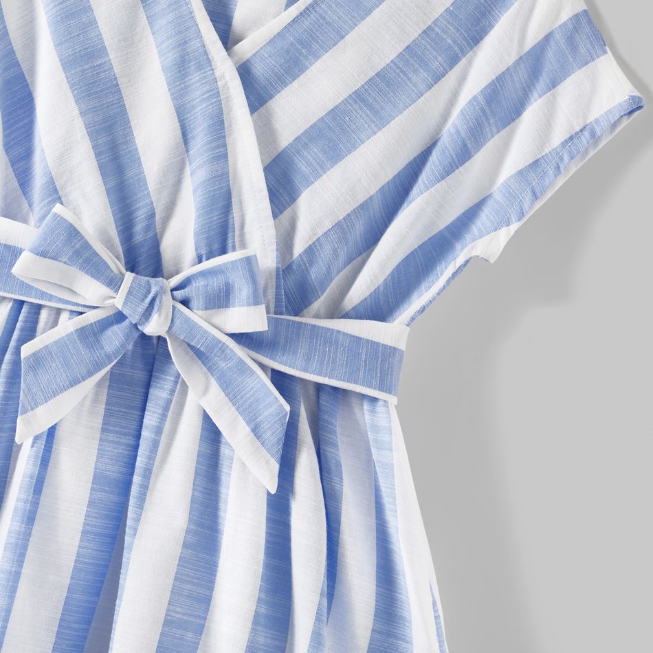 Family Matching Cotton Short-sleeve Spliced Tee and Striped Surplice Neck Short-sleeve Belted Dresses Sets BLUE WHITE big image 9