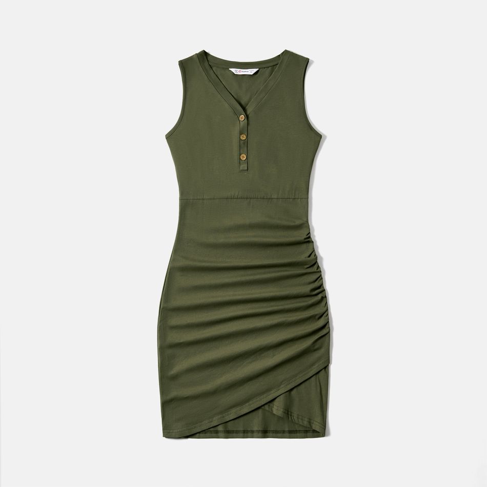 Mommy and Me 95% Cotton Sleeveless Dresses Army green big image 2