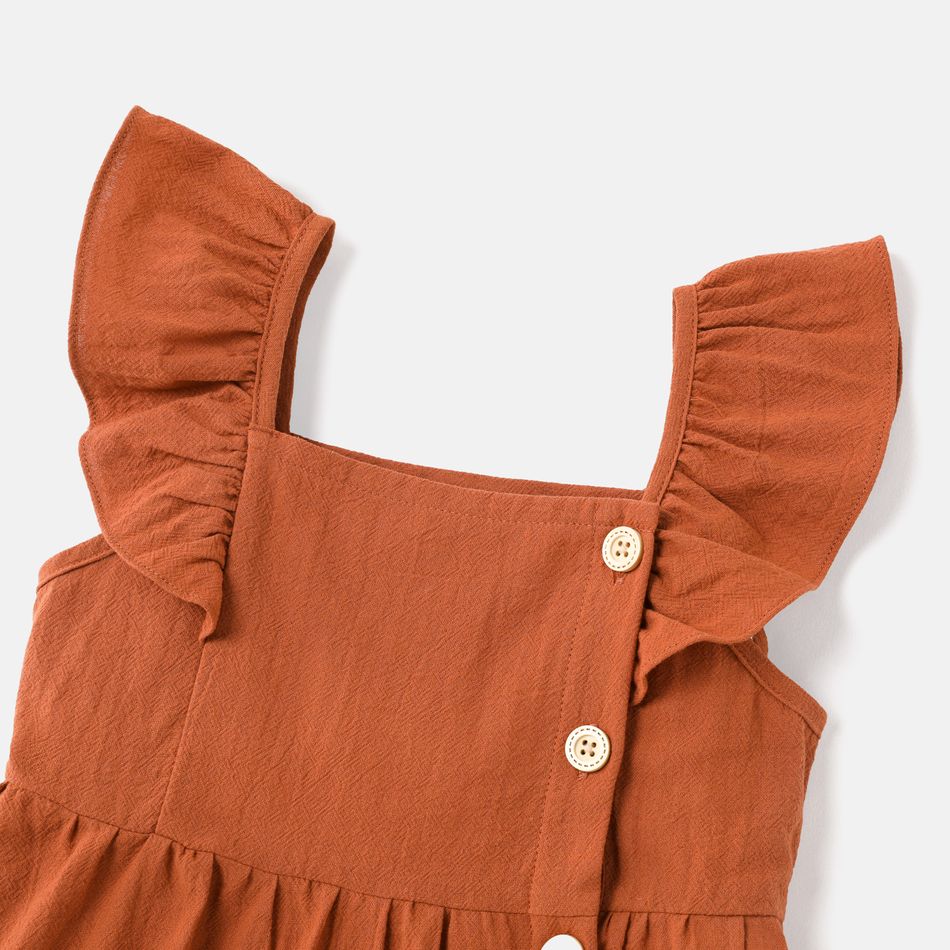 Toddler Girl Floral Print/100% Cotton Button Design Sleeveless Dress YellowBrown big image 4