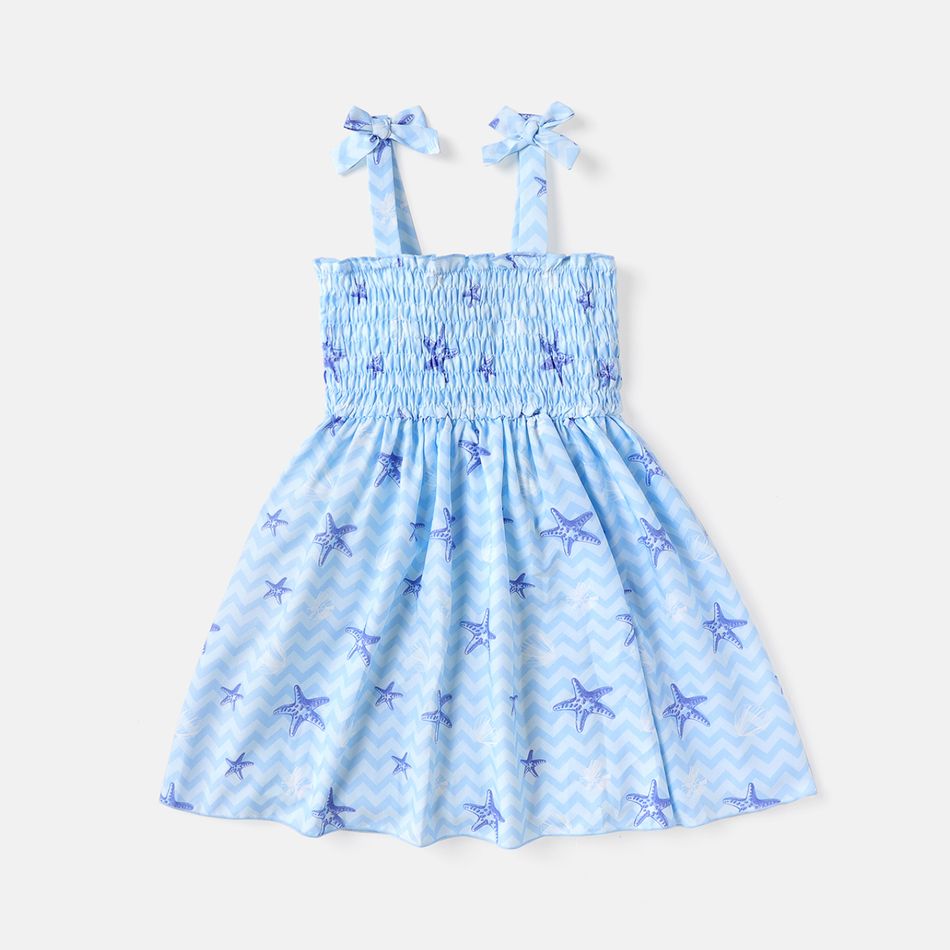 Kid Girl Starfish Print Smocked Bowknot Design Slip Dress Blue