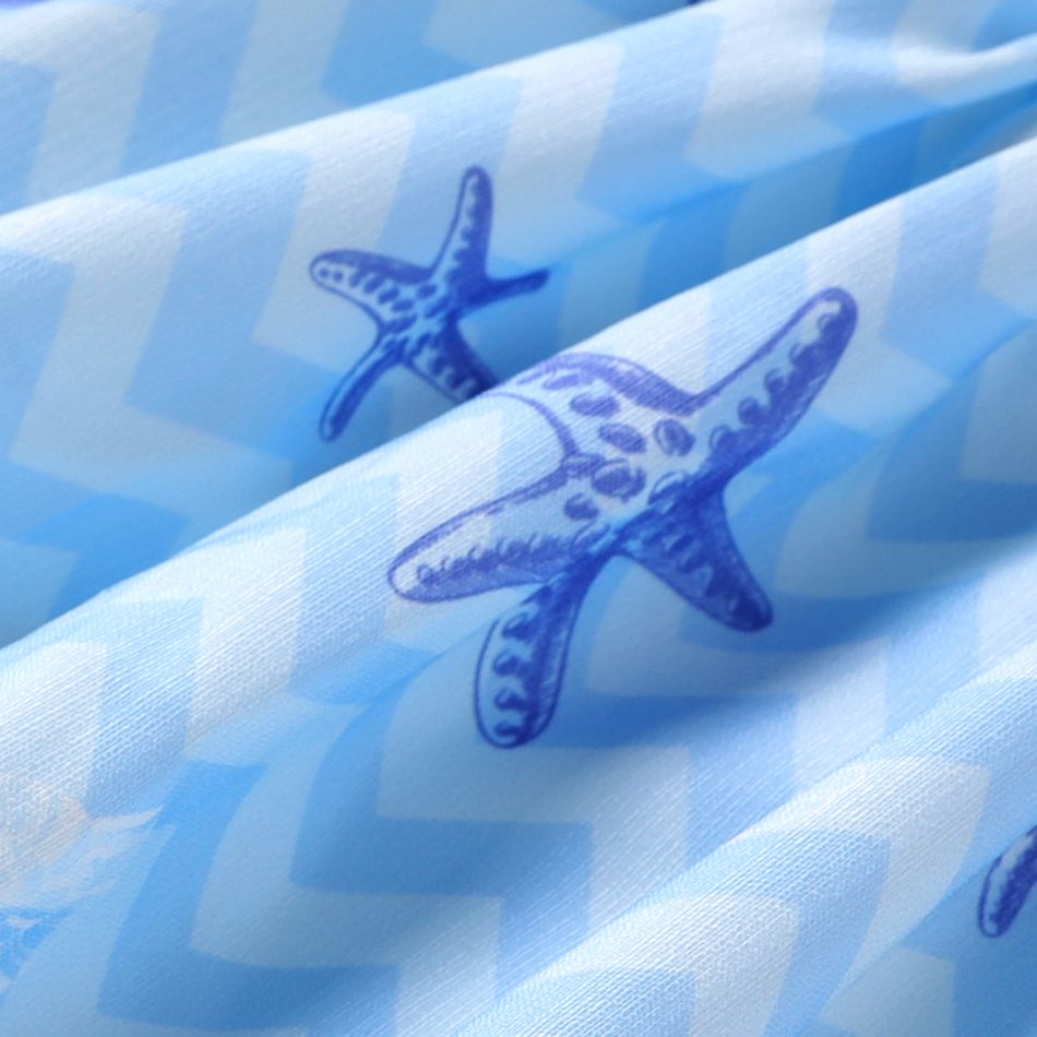Kid Girl Starfish Print Smocked Bowknot Design Slip Dress Blue