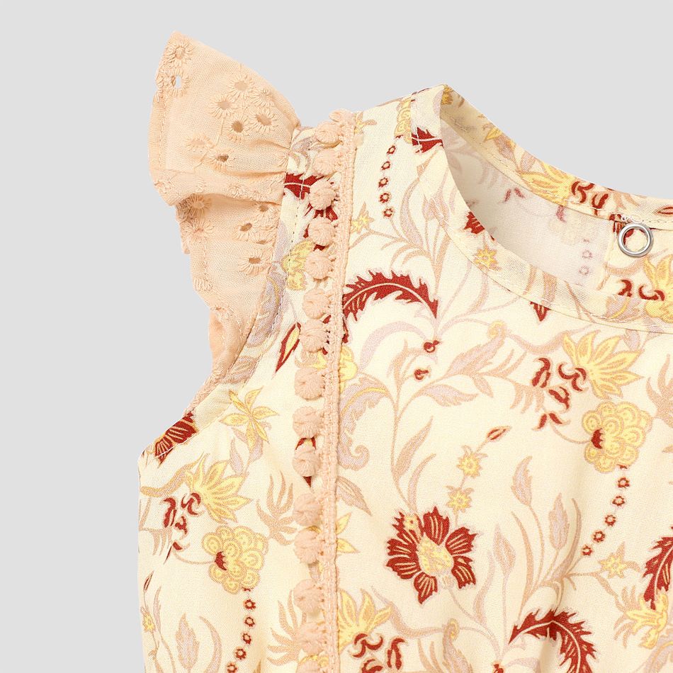 Baby Girl Pom Poms Decor Floral Print Flutter-sleeve Romper Almond Beige big image 4