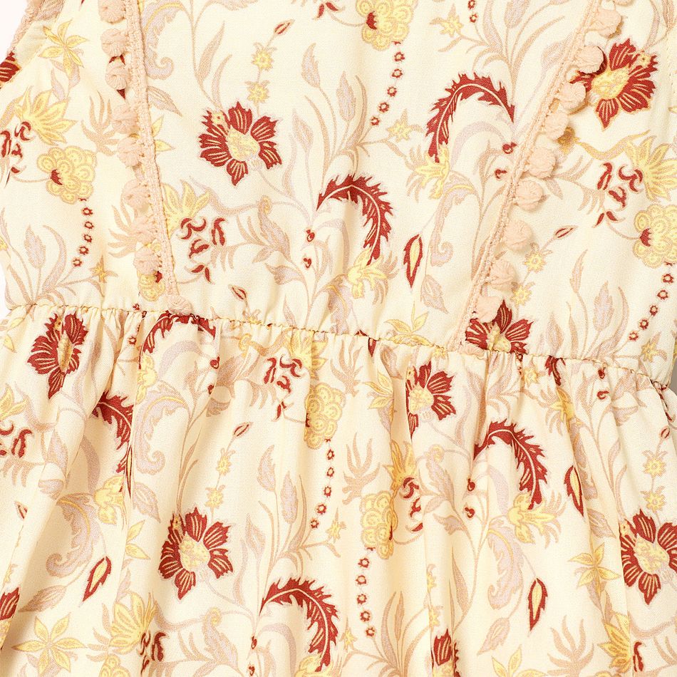 Baby Girl Pom Poms Decor Floral Print Flutter-sleeve Romper Almond Beige big image 5