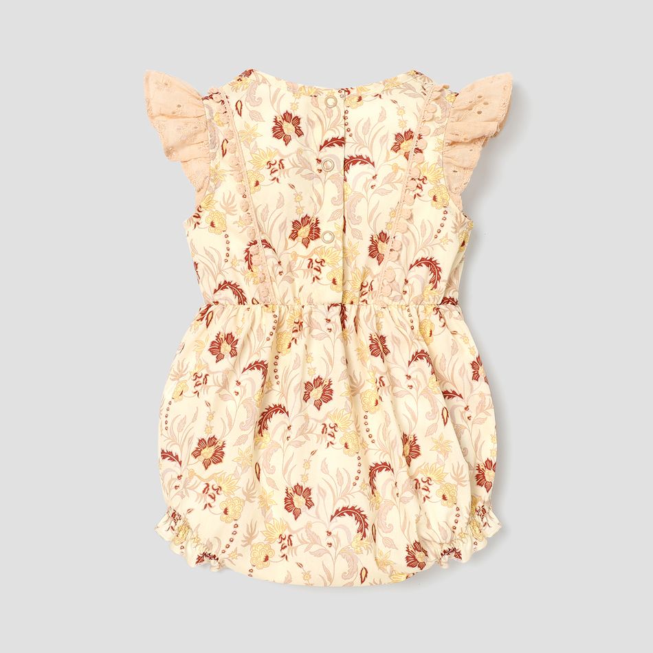 Baby Girl Pom Poms Decor Floral Print Flutter-sleeve Romper Almond Beige big image 3