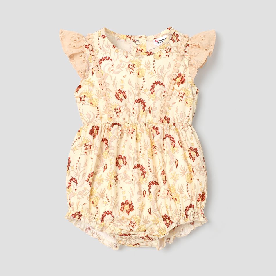 Baby Girl Pom Poms Decor Floral Print Flutter-sleeve Romper Almond Beige big image 1