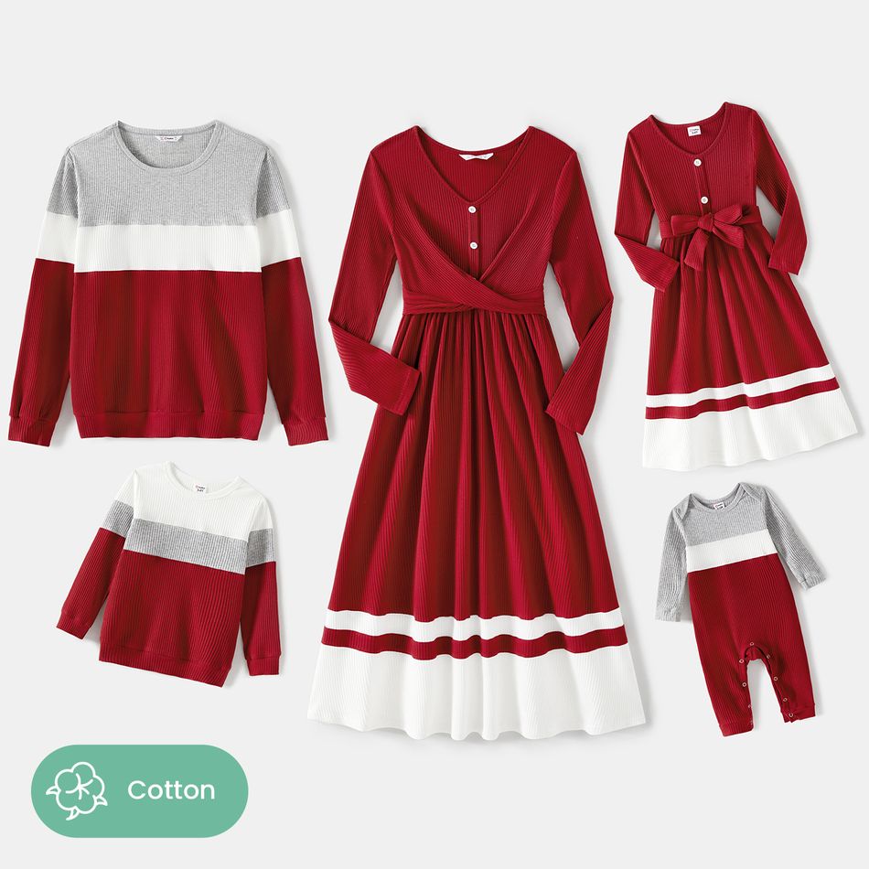 Family Matching Burgundy Ribbed Crisscross Pleated Midi Dresses and Long-sleeve Colorblock Tops Sets Burgundy