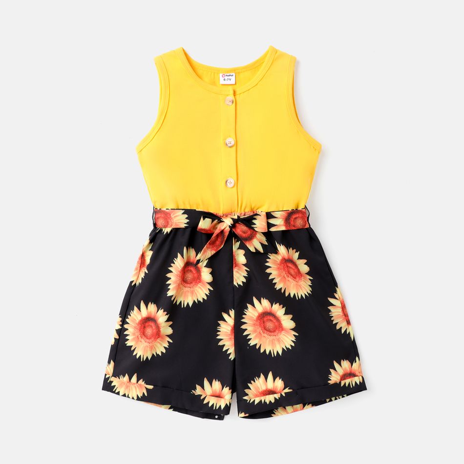 Kid Girl Floral Print Splice Button Design Sleeveless Rompers Yellow big image 1