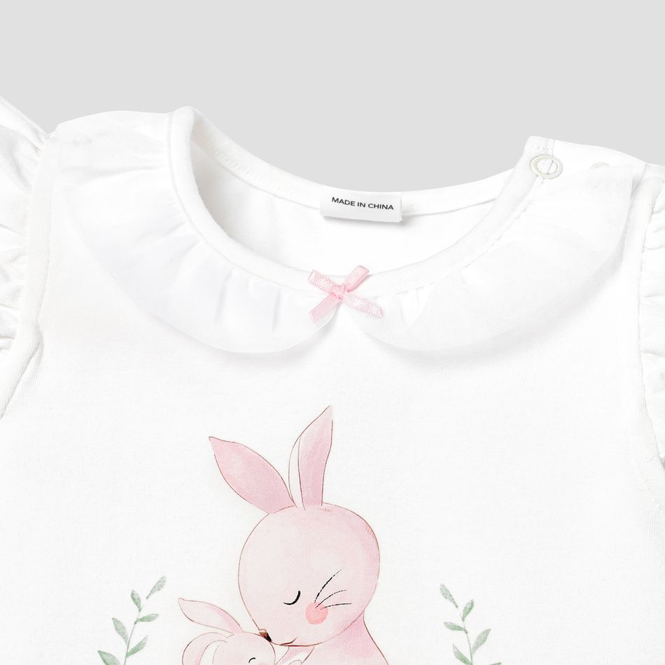 Easter Baby Girl Cotton Flutter-sleeve Mesh Peter Pan Collar Rabbit & Letter Print Tee OffWhite big image 4