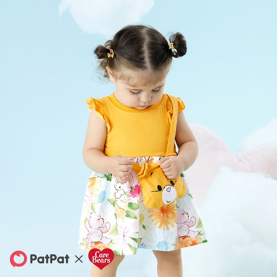 Care Bears 2pcs Baby Girl Solid & Print Spliced Flutter-sleeve Dress with Crossbody Bag Set Yellow big image 7