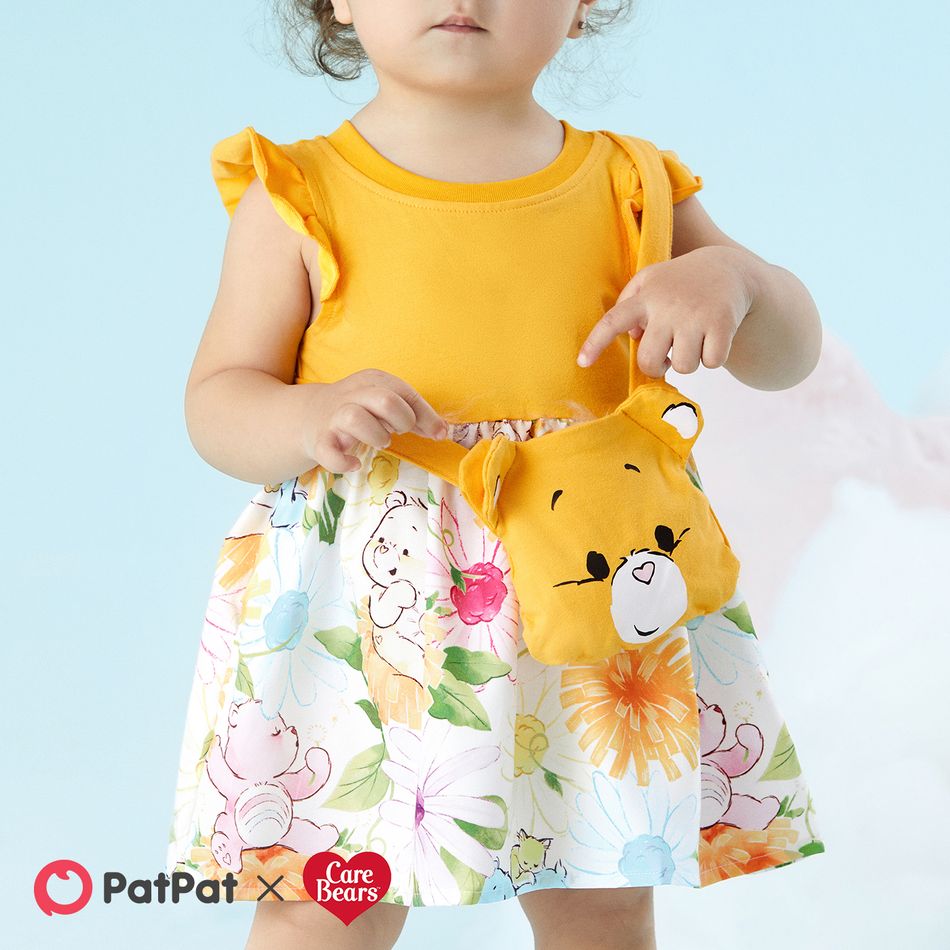 Care Bears 2pcs Baby Girl Solid & Print Spliced Flutter-sleeve Dress with Crossbody Bag Set Yellow big image 9