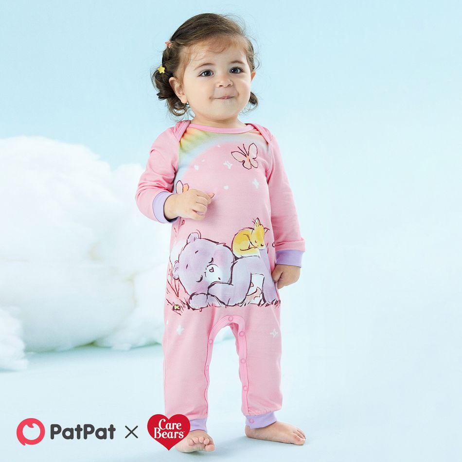 Care Bears Baby Boy/Girl Bear & Rainbow Print Long-sleeve Cotton Jumpsuit Light Pink big image 8