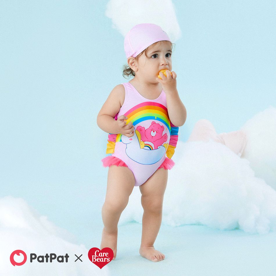 Care Bears Baby Girl 2pcs Bear Print Colorful Ruffle Trim One-piece Swimsuit & Cap Set Light Pink big image 7