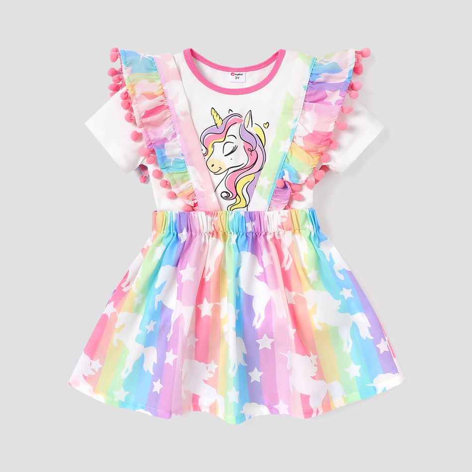 2pcs Toddler Girl Unicorn Print Cotton Short-sleeve Tee and Pompom Design Suspender Skirt Set Colorful big image 1