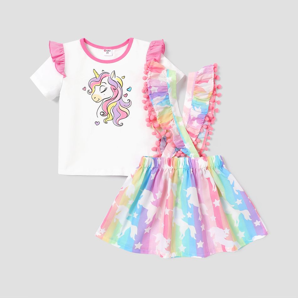2pcs Toddler Girl Unicorn Print Cotton Short-sleeve Tee and Pompom Design Suspender Skirt Set Colorful big image 2