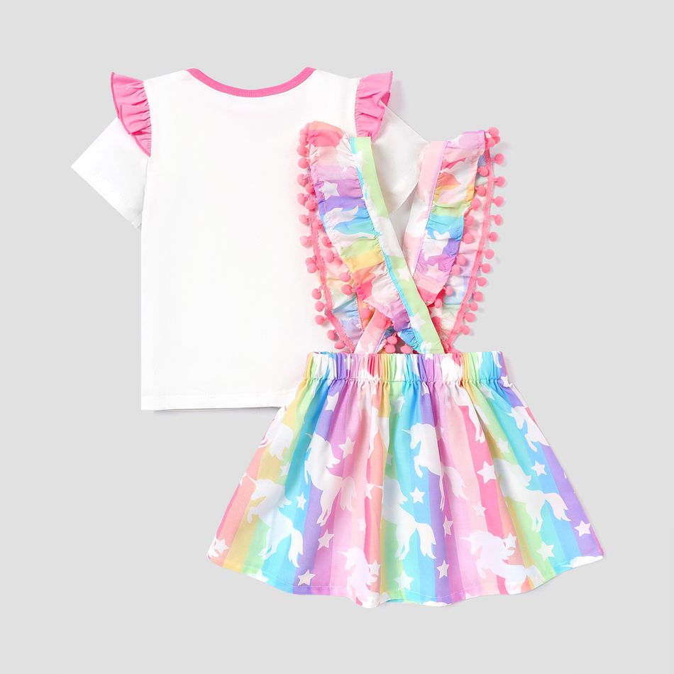 2pcs Toddler Girl Unicorn Print Cotton Short-sleeve Tee and Pompom Design Suspender Skirt Set Colorful big image 3