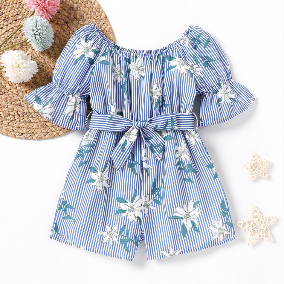 Toddler Girl Floral Print Stripe Off Shoulder Belted Rompers Light Blue