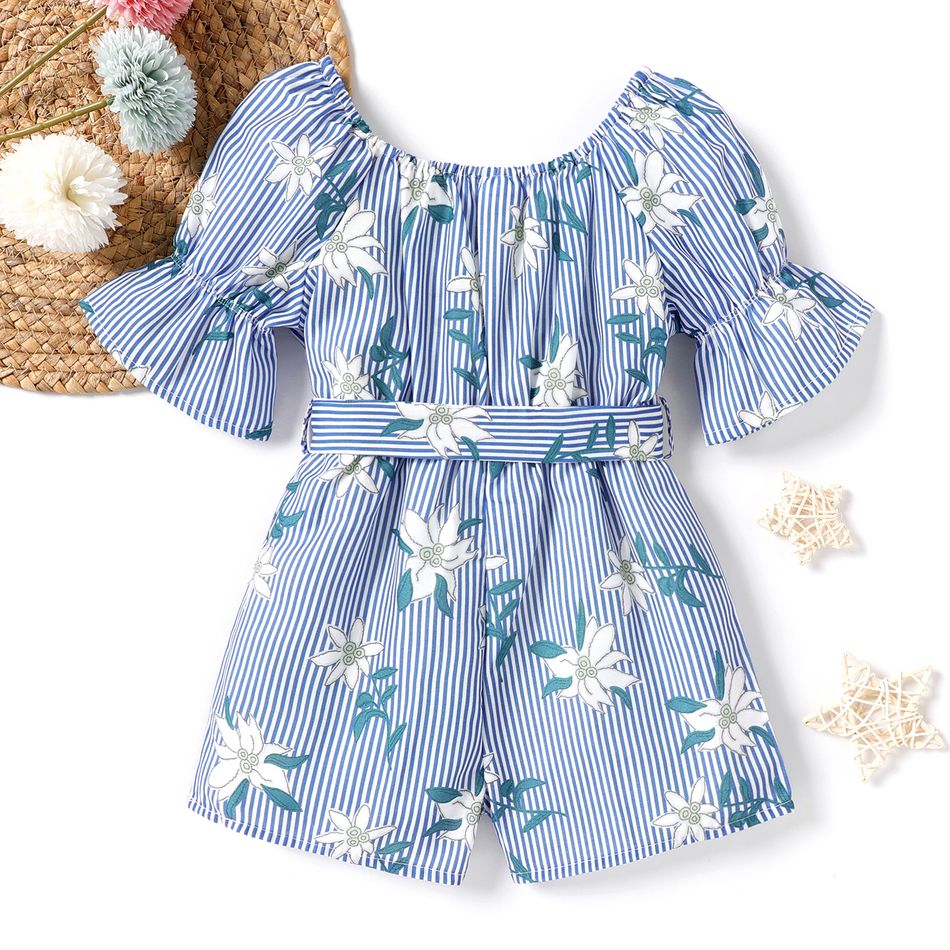 Toddler Girl Floral Print Stripe Off Shoulder Belted Rompers Light Blue big image 2