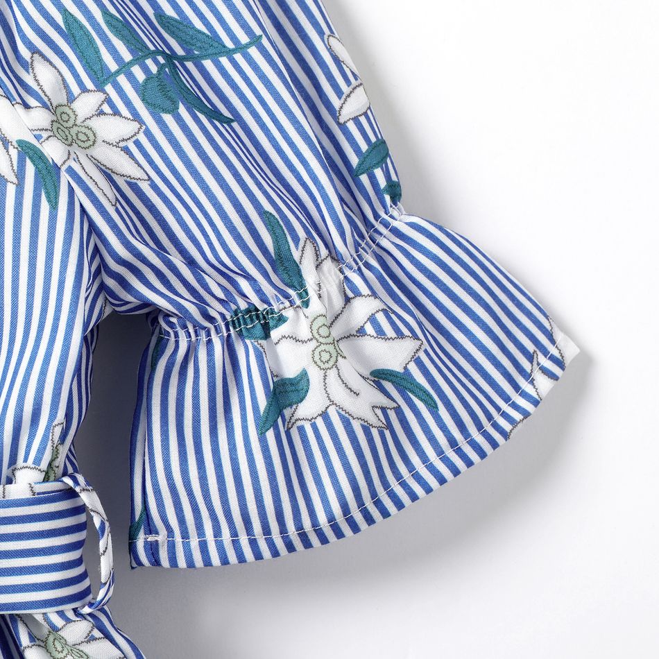 Toddler Girl Floral Print Stripe Off Shoulder Belted Rompers Light Blue big image 3