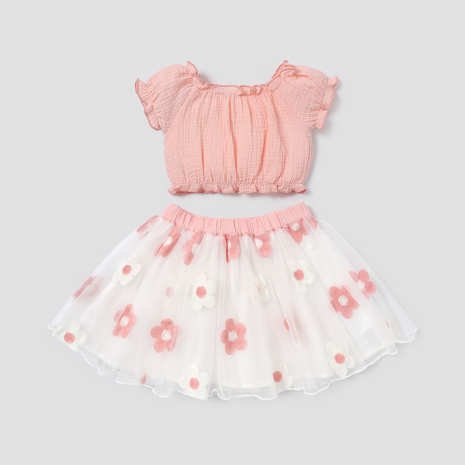 2pcs Toddler Girl Off Shoulder Ruffled Button Design Tee and Floral Embroidered Mesh Skirt Set Light Pink big image 2