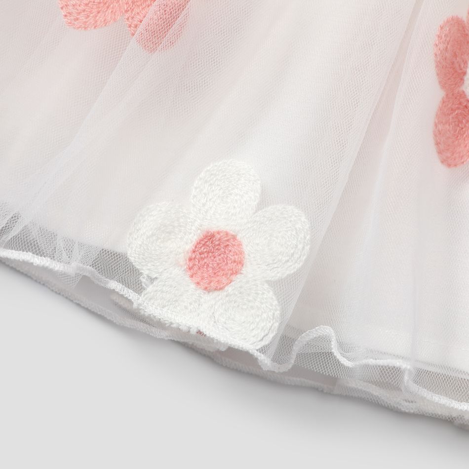 2pcs Toddler Girl Off Shoulder Ruffled Button Design Tee and Floral Embroidered Mesh Skirt Set Light Pink big image 5