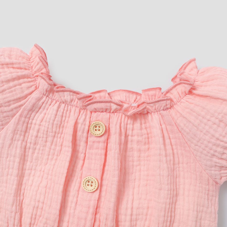 2pcs Toddler Girl Off Shoulder Ruffled Button Design Tee and Floral Embroidered Mesh Skirt Set Light Pink big image 3