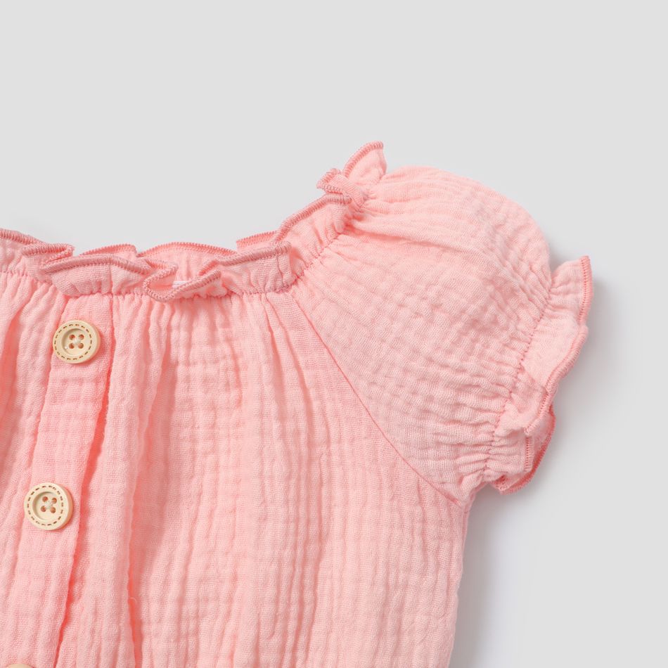 2pcs Toddler Girl Off Shoulder Ruffled Button Design Tee and Floral Embroidered Mesh Skirt Set Light Pink big image 4