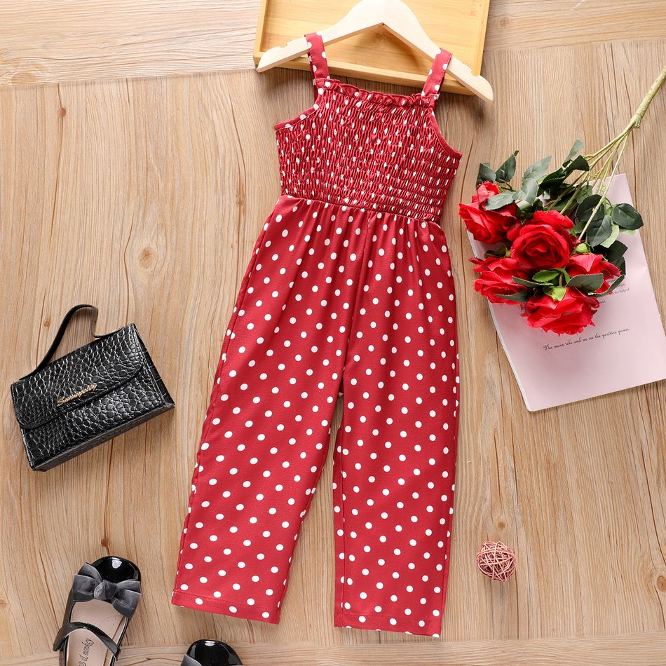 Toddler Girl Polka dots Smocked Slip Jumpsuits Red big image 1