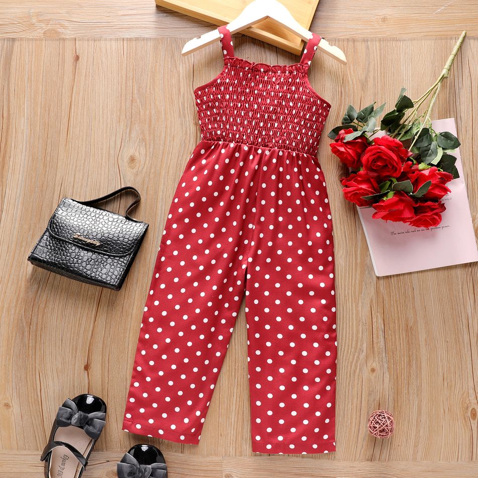 Toddler Girl Polka dots Smocked Slip Jumpsuits Red big image 3