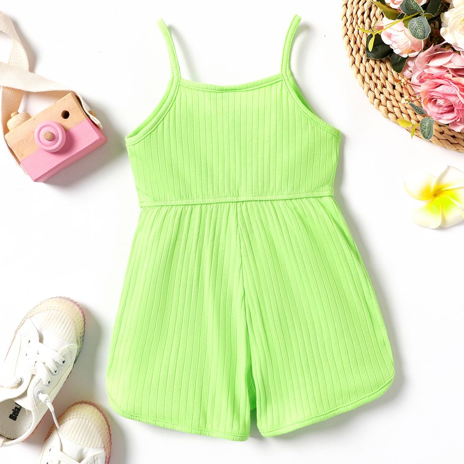 Toddler Girl Solid Color Ribbed Cotton Slip Rompers Green big image 3