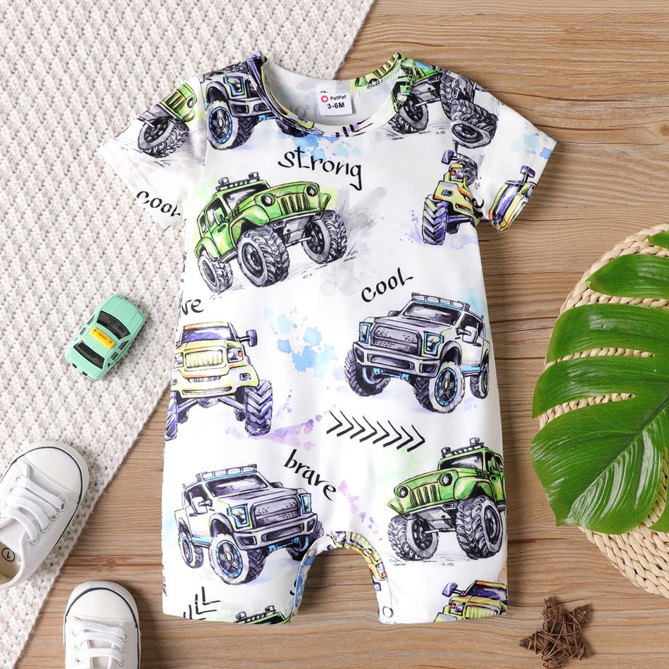 Baby Boy Allover Vehicle & Letter Print Short-sleeve Naia™ Romper White big image 1