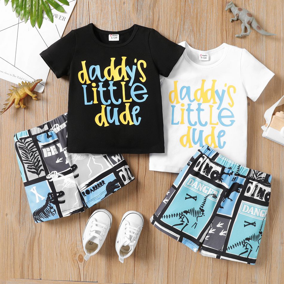 2pcs Baby Boy Cotton Short-sleeve Letter Graphic Tee and Dinosaur Print Shorts Set Black big image 2